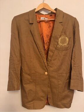 Vintage Ellen Tracey Women's Blazer Jacket Embroidered Crest size US 8 Linen